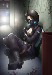 Rule 34 | 10mo, 1girl, backpack, bag, blood, blood stain, bodysuit, boots, breasts, brown eyes, brown hair, car, christine yamata, cleavage, collarbone, covering privates, gas mask, mask, motor vehicle, police car, resident evil, resident evil: operation raccoon city, short hair, signature, solo, thor (deep rising), torn clothes, vehicle