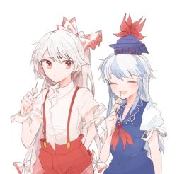 Rule 34 | 2girls, blue dress, blue hair, blue headwear, bow, dango, dress, food, fujiwara no mokou, grey hair, hand in pocket, hat, holding, itomugi-kun, kamishirasawa keine, long hair, multicolored hair, multiple girls, open mouth, pants, ponytail, red bow, red eyes, red neckwear, red pants, shirt, short sleeves, simple background, smile, suspenders, torn clothes, torn sleeves, touhou, two-tone hair, upper body, very long hair, wagashi, white background, white shirt