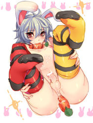 Rule 34 | 1boy, androgynous, animal ears, artist request, blush, rabbit ears, carrot, cum, facial, fang, feet, lying, male focus, mouth hold, on back, penis, red eyes, sex toy, short hair, silver hair, solo, spread legs, striped, thighhighs, vibrator