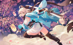 Rule 34 | 1girl, ahoge, atdan, bad id, bad pixiv id, blonde hair, blurry, blush, bow, cherry blossoms, depth of field, eyebrows, fate (series), hair bow, japanese clothes, katana, kimono, koha-ace, looking at viewer, md5 mismatch, okita souji (fate), okita souji (koha-ace), petals, resolution mismatch, sandals, scarf, shinsengumi, short hair, short kimono, single toe, smile, solo, sword, thighhighs, thighs, toeless legwear, toes, weapon, yellow eyes