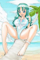 Rule 34 | 10s, 1girl, absurdres, aged up, anklet, bad id, bad pixiv id, barefoot, beach, blue eyes, blue hair, blue sky, breasts, brooch, casual one-piece swimsuit, cloud, day, hayami jin, heart, heart brooch, heartcatch precure!, highleg, highleg swimsuit, highres, jewelry, kurumi erika, large breasts, long hair, matching hair/eyes, one-piece swimsuit, open mouth, palm tree, precure, sand, sky, smile, solo, swimsuit, traditional media, tree, water