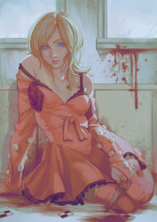 Rule 34 | 1girl, absurdres, arm support, bleeding, blonde hair, blood, blood on face, blood on ground, blood on wall, bloody knife, blue eyes, dress, expressionless, frilled dress, frills, gloves, highres, holding, holding knife, injury, jojo no kimyou na bouken, knife, long hair, looking to the side, lucy steel, nezumi (tuboshu2013), on floor, parted bangs, sitting, sleeveless, sleeveless dress, solo, steel ball run, strap slip, thick eyebrows, thighhighs, window, yokozuwari