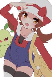 Rule 34 | 1girl, :d, absurdres, bag, black shirt, blue dress, blue shorts, blush, brown eyes, brown hair, chikorita, collarbone, commentary, cowboy shot, creatures (company), dress, game freak, gen 2 pokemon, hand up, hat, highres, holding, holding poke ball, iroha (pcrx7327), jacket, long hair, long sleeves, looking at viewer, lyra (pokemon), nintendo, open mouth, poke ball, poke ball (basic), pokemon, pokemon hgss, red shirt, shirt, short shorts, shorts, sidelocks, simple background, smile, solo, standing, thighhighs, thighs, twintails, visor cap, white background, white hat