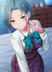 Rule 34 | 1girl, aqua bow, aqua bowtie, bed sheet, blush, bow, bowtie, brown eyes, closed mouth, collared shirt, dress, fingernails, grey hair, highres, jewelry, kamelie, kantai collection, long sleeves, mole, mole on neck, pleated dress, purple dress, ring, shirt, short hair, smile, solo, tamanami (kancolle), wedding band, white shirt