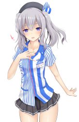 Rule 34 | 10s, 1girl, blue eyes, employee uniform, hat, kantai collection, kashima (kancolle), lawson, long hair, shirt, silver hair, solo, striped clothes, striped shirt, takeyuu, twintails, uniform, vertical-striped clothes, vertical-striped shirt