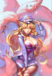 Rule 34 | 1girl, ahri (league of legends), alternate costume, alternate eye color, alternate hair color, animal ears, ask (dreaming cat), belt, between legs, black pantyhose, blonde hair, blue eyes, bow, breasts, character name, cleavage, cosplay, cowboy shot, dress, facial mark, fox ears, fox girl, fox tail, girls&#039; generation, hair between eyes, hand between legs, hand up, hat, hat bow, hat tip, heart, idol, jacket, jewelry, k-pop, korean clothes, large breasts, league of legends, long hair, looking at viewer, military hat, miniskirt, multiple tails, necklace, open clothes, open jacket, pantyhose, parted lips, peaked cap, pendant, pink dress, popstar ahri, side slit, sideboob, skirt, smile, solo, sparkle, tail, torn clothes, torn pantyhose, very long hair, wavy hair, whisker markings