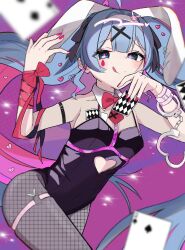 Rule 34 | 1girl, :q, absurdres, ahoge, animal ears, arm belt, arm up, bare shoulders, black leotard, black ribbon, blue eyes, blue hair, blush, bow, bowtie, card, clothing cutout, colored inner hair, cowboy shot, cuffs, detached collar, fishnet pantyhose, fishnets, hair ornament, hair ribbon, hairband, hand up, handcuffs, hatsune miku, heart, heart ahoge, heart cutout, heart hair ornament, heart in eye, highres, holding, holding card, keyhole, leotard, looking at viewer, multicolored hair, necktie, notched ear, pantyhose, pink hair, pink pupils, playboy bunny, playing card, purple background, rabbit ears, rabbit hair ornament, rabbit hole (vocaloid), red bow, red bowtie, red nails, red necktie, red ribbon, ribbon, simple background, smile, solo, spaghetti strap, symbol in eye, teardrop facial mark, thigh strap, tongue, tongue out, tonkotsu frappuccino, twintails, two of spades, vocaloid, white hairband, x hair ornament