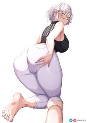 Rule 34 | 2girls, ass, bandaged arm, bandages, bare shoulders, barefoot, bent over, black shirt, blue nails, breasts, camisole, closed mouth, cropped shirt, feet, fingernails, from behind, giant, giantess, glasses, grey hair, highres, hololive, hololive indonesia, kureiji ollie, large breasts, looking at viewer, mini person, minigirl, multiple girls, nail polish, official alternate costume, official alternate hair length, official alternate hairstyle, pants, pavolia reine, pavolia reine (street), shirt, short hair, sleeveless, sleeveless shirt, solo focus, spread ass, toes, virtual youtuber, white pants, wimmy