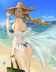 Rule 34 | 1girl, absurdres, ass, bag, bare shoulders, beach, bikini, blonde hair, breasts, commentary, day, dinelind (drill (emilio)), drill (emilio), elf, from behind, green bikini, green eyes, hand on headwear, hat, highres, large breasts, long hair, long pointy ears, looking at viewer, looking back, original, outdoors, parted lips, pointy ears, smile, solo, sparkle, straw hat, swimsuit, water
