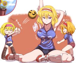 Rule 34 | 3girls, :3, alice margatroid, ball, blonde hair, blue eyes, blush, boots, breasts, cigarette, closed eyes, collarbone, cookie (touhou), enperuto (yarumi), gym uniform, headdress, ichigo (cookie), large breasts, looking at another, multiple girls, navel, open mouth, playing sports, sakuranbou, short hair, smoke, stretching, thighs, touhou, translation request, volleyball, volleyball (object)