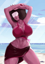 Rule 34 | 1girl, abs, afro, armpits, arms up, bad id, bad pixiv id, bikini, black hair, breasts, cleavage, cloud, colored skin, dark skin, dark-skinned female, day, garnet (steven universe), highres, large breasts, mogiki hayami, navel, ocean, parted lips, sarong, solo, steven universe, stomach, sunglasses, sunlight, swimsuit, thighs, toned, water