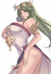 Rule 34 | 1girl, absurdres, ancient greek clothes, armlet, bare legs, bare shoulders, breasts, calmgreentori, chain, chiton, circlet, dress, forehead jewel, gold chain, green eyes, green hair, highres, jewelry, kid icarus, kid icarus uprising, large breasts, long hair, neck ring, nintendo, palutena, parted bangs, pendant, side slit, solo, strapless, strapless dress, very long hair, white background, white dress