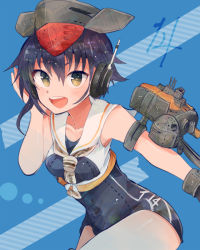 Rule 34 | 10s, 1girl, asymmetrical hair, black hair, blue background, brown eyes, close-up, framed breasts, gloves, hair between eyes, headphones, i-14 (kancolle), itomugi-kun, kantai collection, leaning forward, looking at viewer, open mouth, partially fingerless gloves, sailor collar, school swimsuit, short hair, single glove, solo, swimsuit, upper body