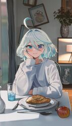 Rule 34 | 1girl, ahoge, alternate costume, apple, blue eyes, blue hair, closed mouth, commentary, croissant, curtains, drop-shaped pupils, elbow on table, elbow rest, english commentary, food, fork, fruit, furina (genshin impact), genshin impact, glass, hair between eyes, heterochromia, horse statue, indoors, knife, long sleeves, looking at viewer, multicolored hair, nvl, on chair, picture frame, plant, plate, potted plant, pov across table, short hair, sidelighting, sitting, smile, solo, spoon, sweater, symbol-shaped pupils, table, twitter username, utensil, white hair, white sweater, window