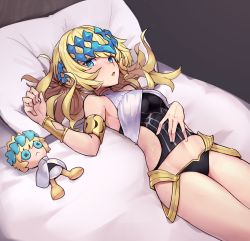 Rule 34 | 1girl, armlet, bad id, bad pixiv id, bare shoulders, blonde hair, blue eyes, blush, bracelet, breasts, castor (fate), character doll, fate/grand order, fate (series), gyuu kaku (gyu400), helmet, highres, jewelry, long hair, looking at viewer, lying, on back, open mouth, pillow, pollux (fate), solo