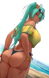 1girl absurdres ahoge aqua_eyes aqua_hair ass ass_lift bare_shoulders beach bikini bikini_bottom_only black_bikini bracelet brazilian_miku breasts closed_mouth commentary crop_top dark-skinned_female dark_skin dutch_angle earrings english_commentary eyewear_on_head flower from_behind gold_earrings grabbing_own_ass green_nails hair_flower hair_ornament hatsune_miku highres hoop_earrings jewelry large_breasts long_hair looking_at_viewer looking_back multiple_bracelets nail_polish no_bra ocean off-shoulder_shirt off_shoulder outdoors rectangular_earrings sand shirt side-tie_bikini_bottom smile solo sora_raion sunglasses swimsuit tan tanline thick_thighs thighs twintails twitter_username vocaloid water yellow-framed_eyewear yellow_nails yellow_shirt