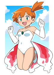 Rule 34 | 1girl, armpits, asymmetrical hair, bare shoulders, blush, breasts, chest jewel, child, cosplay, cowboy shot, creatures (company), dress, game freak, gen 1 pokemon, goldeen, goldeen (cosplay), green eyes, highres, jumping, legs, legs together, misty (pokemon), multicolored background, navel, nintendo, open mouth, orange hair, outside border, pokemon, pokemon (anime), pokemon (classic anime), pokemon ep043, ponytail, red hair, shirt, shoes, short hair, side ponytail, simple background, solo, yume yoroi