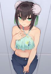 Rule 34 | 1girl, bad id, bad pixiv id, bare shoulders, black hair, black pants, blush, breasts, bun cover, closed mouth, collarbone, contemporary, double bun, fate/grand order, fate (series), green eyes, green ribbon, gyuu kaku (gyu400), hair between eyes, hair bun, hair ribbon, halterneck, hand on own chest, highres, large breasts, long hair, looking at viewer, navel, official alternate costume, pants, qin liangyu (fate), ribbon, sidelocks, thighs