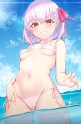 Rule 34 | 1girl, :d, bikini, blue sky, breasts, cameltoe, cleft of venus, cloud, collarbone, commentary request, crossed bangs, dated, day, earrings, fate/grand order, fate (series), gluteal fold, grin, hair between eyes, highres, jewelry, kama (fate), kama (first ascension) (fate), looking at viewer, micro bikini, mountainous horizon, navel, ocean, open mouth, outdoors, partially submerged, red eyes, side-tie bikini bottom, signature, sky, small breasts, smile, solo, sparkle, standing, swimsuit, teeth, thighs, wata neo, white bikini, white hair