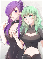Rule 34 | 2girls, :d, black choker, black dress, breasts, byleth (female) (fire emblem), byleth (fire emblem), choker, cleavage, cleavage cutout, clothing cutout, collarbone, crop top, dress, drop shadow, fire emblem, fire emblem: three houses, fire emblem warriors: three hopes, green eyes, green hair, grey background, hair bun, hair over one eye, hand up, highres, large breasts, long hair, looking at another, midriff, multiple girls, navel, nintendo, open mouth, purple eyes, purple hair, shez (female) (fire emblem), shez (fire emblem), smile, stomach, upper body, very long hair, yutohiroya