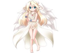 Rule 34 | 1girl, angel wings, barefoot, blonde hair, blue eyes, child, feathers, flat chest, ilias, jewelry, long hair, lots of jewelry, mon-musu quest!, mon-musu quest: paradox, smile, solo, tiara, wings