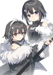 Rule 34 | 1girl, ahoge, arknights, bare shoulders, black hair, black jacket, black shirt, blue eyes, blush, feather hair, fur-trimmed jacket, fur trim, hair ornament, hairband, hairclip, highres, holding, jacket, la pluma (arknights), long sleeves, looking at viewer, multiple views, open clothes, open jacket, parted lips, shirt, simple background, sleeveless, sleeveless shirt, upper body, white background, white hairband, yunweishukuang