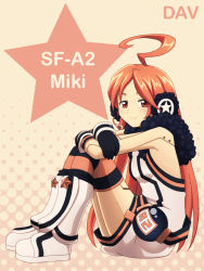 Rule 34 | 1girl, ahoge, belt, boots, dav-19, gloves, headset, highres, joints, knee boots, long hair, red eyes, red hair, robot joints, sf-a2 miki, socks, solo, star (symbol), striped clothes, striped socks, vocaloid
