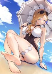 Rule 34 | 1girl, absurdres, azur lane, bare shoulders, barefoot, beach, black choker, blonde hair, blue eyes, bracelet, breasts, choker, cleavage, closed mouth, covered navel, earrings, eyewear on head, flower, full body, hair over shoulder, hair tie, hibiscus, highres, holding, holding umbrella, hood (azur lane), hood (lady of the shining sun) (azur lane), jewelry, kghazir, large breasts, long hair, looking at viewer, multicolored clothes, multicolored swimsuit, o-ring, o-ring swimsuit, official alternate costume, one-piece swimsuit, parasol, ring, side ponytail, sitting, smile, soles, solo, sunglasses, swimsuit, thigh strap, umbrella, wedding ring