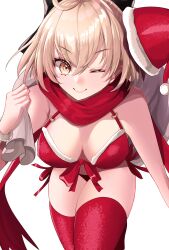 Rule 34 | 1girl, absurdres, alternate costume, bikini, black bow, blonde hair, blush, bow, breasts, brown eyes, christmas, cleavage, closed mouth, commentary request, fate/grand order, fate (series), hair between eyes, hair bow, hat, highres, holding, holding sack, koha-ace, looking at viewer, medium breasts, nigori (keydoor), okita souji (fate), okita souji (koha-ace), one eye closed, red hat, red scarf, red thighhighs, sack, santa hat, scarf, short hair, simple background, smile, solo, swimsuit, thighhighs, white background