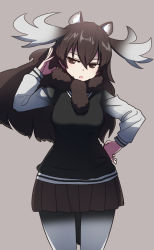Rule 34 | 10s, 1girl, animal ears, antlers, bad id, bad tumblr id, black hair, black shirt, black skirt, commentary request, cowboy shot, fur trim, grey background, hand in own hair, hand on own hip, highres, horns, kemono friends, long hair, long sleeves, looking at viewer, looking away, looking to the side, moose (kemono friends), moose ears, pantyhose, parted lips, pleated skirt, pom pom (clothes), shirt, simple background, skirt, solo, standing, sumiyao (amam), white pantyhose, white shirt