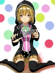 Rule 34 | 10s, 1girl, artist request, bad id, bad pixiv id, black thighhighs, blonde hair, bow, bowtie, character request, checkered clothes, checkered skirt, frown, hood, hoodie, knife, koiwai yoshino, masamune-kun no revenge, pink shirt, polka dot, polka dot background, sad, shirt, short hair, sitting, skirt, solo, striped, striped bow, thighhighs, wariza, yellow eyes, yellow skirt
