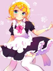 Rule 34 | 1girl, apron, black shirt, black skirt, blonde hair, blush, bow, closed mouth, flower, frilled skirt, frills, garter straps, green eyes, hair bow, kagamine rin, kawahara chisato, looking at viewer, maid, maid headdress, pink bow, purple background, shirt, short hair, short sleeves, skirt, smile, solo, standing, swept bangs, thighhighs, twitter username, vocaloid, white apron, white thighhighs, wrist cuffs