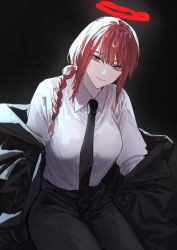 Rule 34 | 1girl, black background, black jacket, black necktie, black pants, black suit, braid, braided ponytail, breasts, chainsaw man, closed mouth, collared shirt, commentary, cowboy shot, dress shirt, formal, hair over one eye, halo, highres, hjm matsukasa, jacket, light smile, long hair, looking at viewer, makima (chainsaw man), medium breasts, necktie, off shoulder, open clothes, open jacket, pants, red hair, red halo, ringed eyes, shirt, shirt tucked in, sidelocks, simple background, sitting, solo, suit, white shirt, wing collar, yellow eyes