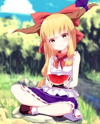 Rule 34 | 1girl, bare legs, blonde hair, boots, bow, chain, commentary request, day, eating, food, fruit, full body, hair bow, highres, holding, holding food, holding fruit, horn ornament, horn ribbon, horns, ibuki suika, kisamu (ksmz), long hair, looking at viewer, low-tied long hair, outdoors, purple skirt, red bow, ribbon, shirt, sitting, skirt, sleeveless, sleeveless shirt, socks, solo, touhou, watermelon, white shirt, white socks, yellow eyes