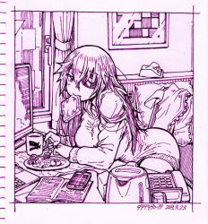 Rule 34 | azur lane, ballpoint pen (medium), bed, bedroom, book, bread slice, cellphone, coffee cup, computer, cup, disposable cup, eyepatch, food, food in mouth, garrison cap, hair between eyes, hat, ichinana (dametetujin17), indoors, laptop, limited palette, long hair, monitor, monochrome, mouth hold, pajamas, phone, scharnhorst (azur lane), solo, teapot, toast, toast in mouth, traditional media, uniform, very long hair