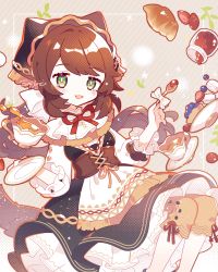 Rule 34 | 1girl, :d, apron, black dress, black headwear, brown hair, brown pants, commentary request, corset, croissant, cup, dress, feet out of frame, food, fruit, green hair, hair ribbon, head scarf, highres, holding, holding saucer, holding spoon, jam, jar, long hair, looking at viewer, macaron, open mouth, original, pants, petticoat, red ribbon, ribbon, saijo1201, saucer, shirt, sleeves past elbows, smile, solo, spoon, strawberry, tea, teacup, teaspoon, waist apron, white apron, white ribbon, white shirt