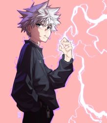 1boy, black pants, blue eyes, chains, closed mouth, commentary, ear clip, ear piercing, earrings, edpan, electricity, english commentary, fingernails, grey sweater, hair between eyes, hand in pocket, hand up, highres, hunter x hunter, jewelry, killua zoldyck, male focus, mouth hold, necklace, pants, piercing, pink background, redrawn, ring, signature, simple background, solo, stud earrings, sweater, upper body, white hair