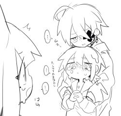 Rule 34 | ..., ...., 1girl, 2boys, ahoge, behind another, black flower, blush, character request, crying, crying with eyes open, doodle, earrings, eye covering, eyepatch, flower, flower eyepatch, greyscale, hair between eyes, highres, hood, hoodie, jacket, jewelry, male focus, monochrome, multiple boys, one eye covered, original, parted lips, ponytail, pout, puffy cheeks, raito-kun (uenomigi), shaking, short hair, short ponytail, shou (uenomigi), sketch, speech bubble, spoken ellipsis, sweat, tears, triangle mouth, uenomigi, upper body