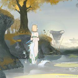 Rule 34 | 1girl, akihare, antlers, bare shoulders, blonde hair, dragon tail, dress, facing away, from behind, grass, highres, holding, horns, light dragon (zelda), lily pad, nintendo, outdoors, pointy ears, pond, princess zelda, rock, scenery, short hair, sky, solo, standing, strapless, strapless dress, tail, the legend of zelda, the legend of zelda: tears of the kingdom, tree, water, white dress