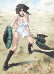 Rule 34 | apron, axe, black hair, boots, breasts, capcom, cleavage, desert, double bladed axe, large breasts, monster hunter (series), naked apron, orange eyes, panties, rasukaru, sand, shield, short hair, solo, striped clothes, striped panties, underwear, weapon