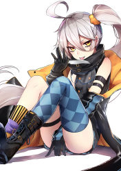 Rule 34 | 1girl, ahoge, argyle, argyle clothes, argyle legwear, arm strap, asymmetrical legwear, between legs, black gloves, black legwear, boots, clothes pull, combat boots, girls&#039; frontline, gloves, grey hair, hair between eyes, hair ornament, hair scrunchie, hand between legs, holding, holding knife, jacket, jacket pull, knife, long hair, looking at viewer, luse maonang, pkp (girls&#039; frontline), scrunchie, side ponytail, simple background, sitting, sleeveless, smile, socks, solo, striped clothes, striped legwear, striped socks, thighs, tongue, tongue out, tsurime, uneven legwear, vertical-striped clothes, vertical-striped legwear, vertical-striped socks, very long hair, white background, yellow eyes, yellow legwear