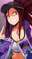 Rule 34 | 1girl, absurdres, akali, angry, baseball cap, black eyes, black panties, breasts, brown hair, cellphone, cleavage, clenched teeth, clothed sex, clothing aside, crop top, cropped jacket, double handjob, erection, fangs, glowing, half-closed eyes, handjob, hat, highres, idol, inverted colors, k/da (league of legends), k/da akali, large breasts, league of legends, mask, middle finger, midriff, mouth mask, navel, nipples, panties, panties aside, penis, phone, ponytail, pussy, rolling eyes, sex, smartphone, solo focus, spread legs, teeth, underwear, vaginal, yellow eyes
