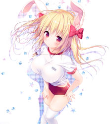 Rule 34 | 1girl, animal ears, blonde hair, blush, bow, breasts, buruma, gym uniform, hair bow, hands on own hips, jewelry, konomi (kino konomi), large breasts, long hair, looking at viewer, name tag, original, paw print, pendant, rabbit ears, red eyes, shirt, short sleeves, silhouette, solo, standing, star (symbol), star print, t-shirt, thighhighs, white background, white thighhighs, zettai ryouiki