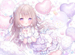Rule 34 | 1girl, balloon, blue ribbon, blush, brown hair, candy, commentary request, cotton candy, dot nose, food, full body, hair ribbon, hair rings, long hair, looking at viewer, maid headdress, omochi monaka, original, pink ribbon, purple eyes, purple skirt, ribbon, shirt, signature, simple background, skirt, smile, socks, solo, white background, white footwear, white shirt, white wrist cuffs, wrist cuffs