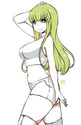 Rule 34 | 1girl, absurdres, breasts, c.c., code geass, commission, cowboy shot, crop top, green eyes, green hair, highres, kenron toqueen, long hair, looking at viewer, medium breasts, midriff, navel, short shorts, shorts, simple background, smile, solo, standing, stomach, thick thighs, thighhighs, thighs, white background, zettai ryouiki