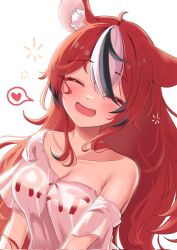Rule 34 | 1girl, animal ears, blush, breasts, cafelittle, closed eyes, collarbone, hair between eyes, hakos baelz, head tilt, heart, highres, hololive, hololive english, large breasts, long hair, loose clothes, open mouth, red hair, single bare shoulder, smile, tight clothes, virtual youtuber, white background, wrinkled fabric
