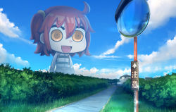 Rule 34 | advarcher, ahoge, blue sky, brown eyes, building, bush, chibi, cloud, cloudy sky, commentary request, day, dot nose, empty eyes, fate (series), fujimaru ritsuka (female), grass, hair between eyes, house, looking at viewer, mirror, open mouth, outdoors, red hair, reflection, riyo (lyomsnpmp) (style), road, scenery, short hair, sign, sky, solo, traffic mirror