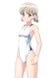 Rule 34 | 1girl, absurdres, aki (girls und panzer), blush, breasts, collarbone, commentary request, competition swimsuit, cowboy shot, girls und panzer, green eyes, groin, highres, light brown hair, looking at viewer, low twintails, one-piece swimsuit, short hair, short twintails, simple background, small breasts, smile, solo, standing, swimsuit, takafumi, thighs, twintails, two-tone swimsuit, variant set, white background, white one-piece swimsuit