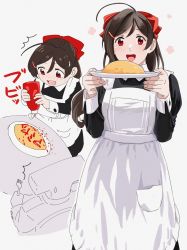 Rule 34 | 1boy, 1girl, absurdres, ahoge, alternate costume, apron, black dress, blush, brown hair, dress, enmaided, food, food writing, fork, hair ornament, hair ribbon, hairclip, highres, holding, holding fork, holding plate, kantai collection, ketchup, ketchup bottle, long hair, long sleeves, maid, maid day, mamiya (kancolle), ojipon, omelet, omurice, open mouth, plate, red eyes, red ribbon, ribbon, smile, t-head admiral, white apron