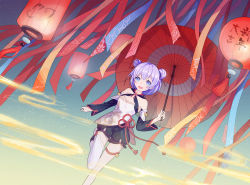 Rule 34 | 1girl, :d, alternate costume, asymmetrical legwear, bare shoulders, blue eyes, china dress, chinese clothes, cloud, double bun, dress, hair bun, highres, holding, honkai (series), honkai impact 3rd, kiyor, lantern, looking at viewer, oil-paper umbrella, open mouth, smile, solo, standing, standing on one leg, theresa apocalypse, theresa apocalypse (valkyrie pledge), umbrella, uneven legwear, white hair, white legwear